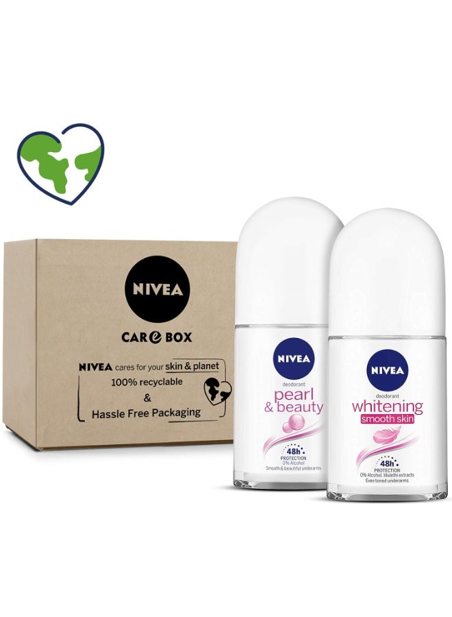 نيفيا مزيل عرق نيفيا رول أون، لتفتيح البشرة وتنعيمها، بنكهة اللؤلؤ والجمال (عبوة من قطعتين) - في علبة نيفيا صديقة للبيئة | للنساء | لبشرة ناعمة تحت الإبطين وحماية تدوم 48 ساعة، 100 مل - Image 1